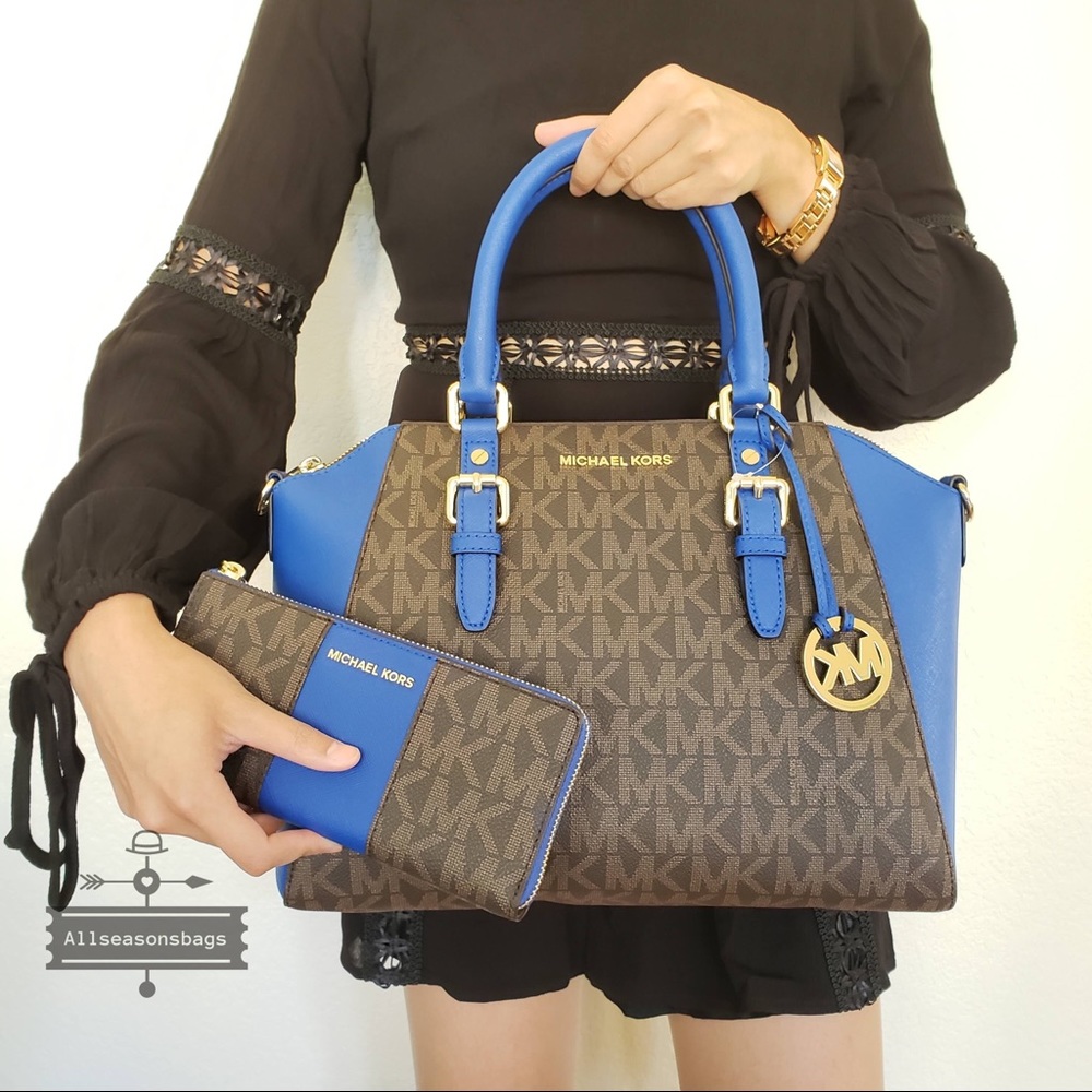 NWT Michael Kors Ciara Large Satchel Blue Wallet - Picture 1 of 5